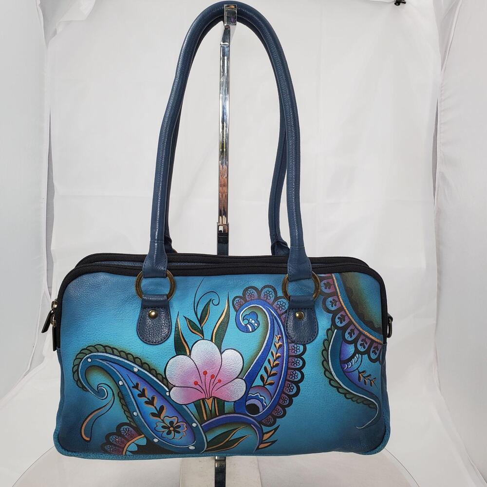ANNA By Anuschka 8038 Hand Painted Floral Leather Satchel Bag Women Medium Blue